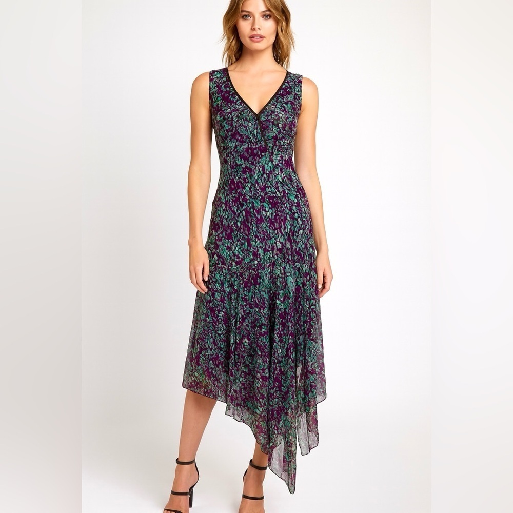 BCBGMaxAzria babydoll Y2K Silk asymmetrical hem Purple Green Maxi Dress size 10